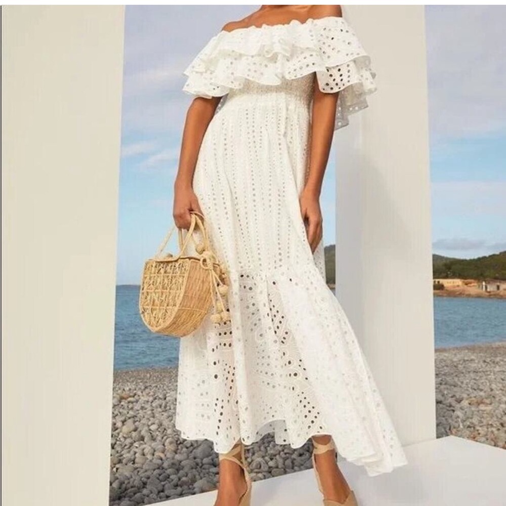 Charo Ruiz IBIZA Elegant Off-Shoulder White Eyelet Dress Size S